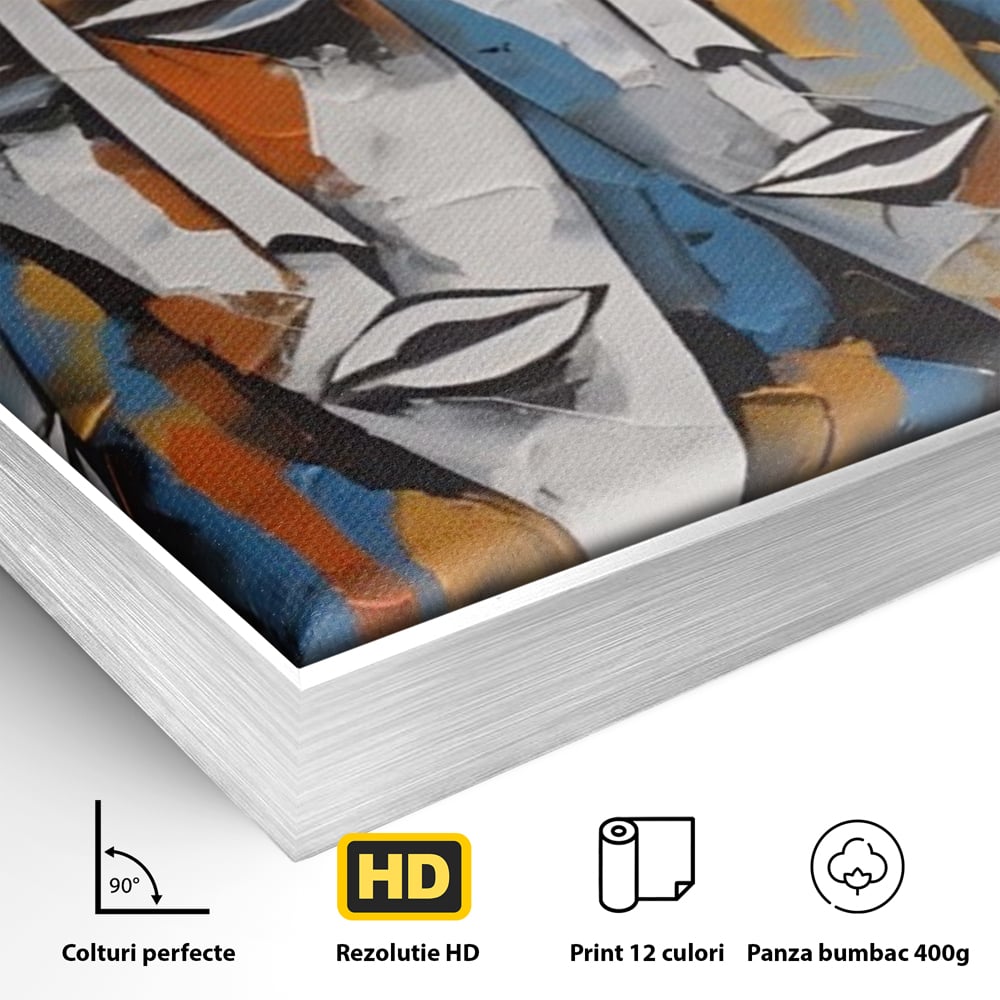 Detaliu al suprafetei: tablou abstract cu masti tribale albe, in rama de aluminiu argintiu